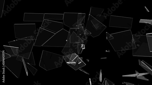 Glass breaks into many pieces on a black background. Luma Matte Transition. Alpha Channel Mask