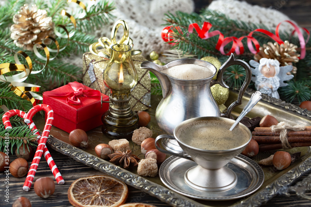 Fototapeta premium Merry Christmas card with gifts and, coffee and Christmas decorations.