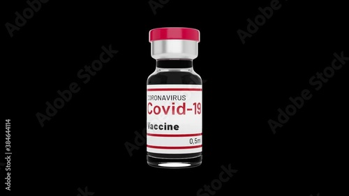 Coronavirus Covid-19 Vaccine Bottle Looped Seamless Rotations on Black Backgroung. Luma Matte Transition. Alpha Channel Mask