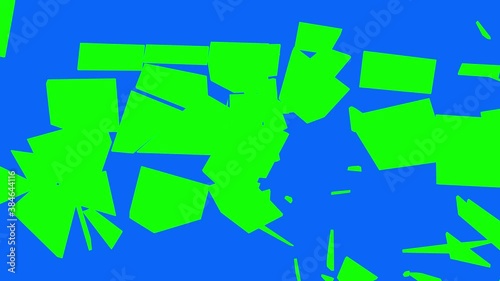 Green screen background is broken into many fragments on a blue screen background. Luma Matte Transition. Alpha channel mask. Chrome key.