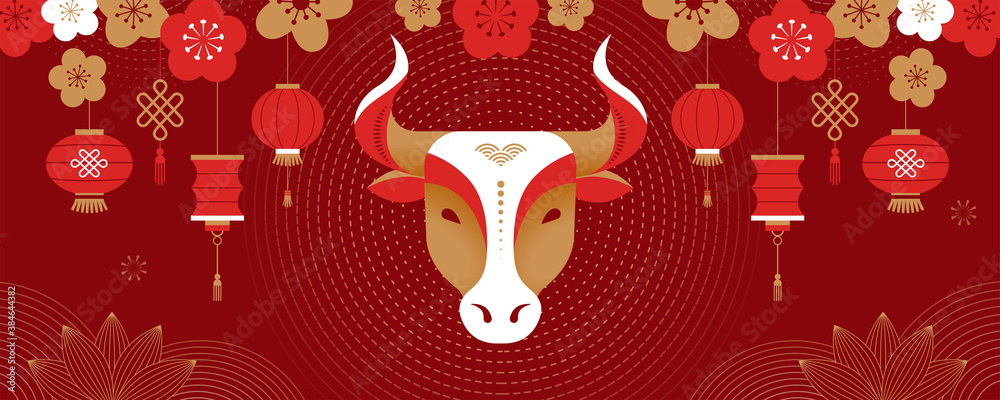 Chinese new year 2021 year of the ox, Chinese zodiac symbol, Chinese text says "Happy chinese new year 2021, year of ox" - obrazy, fototapety, plakaty 