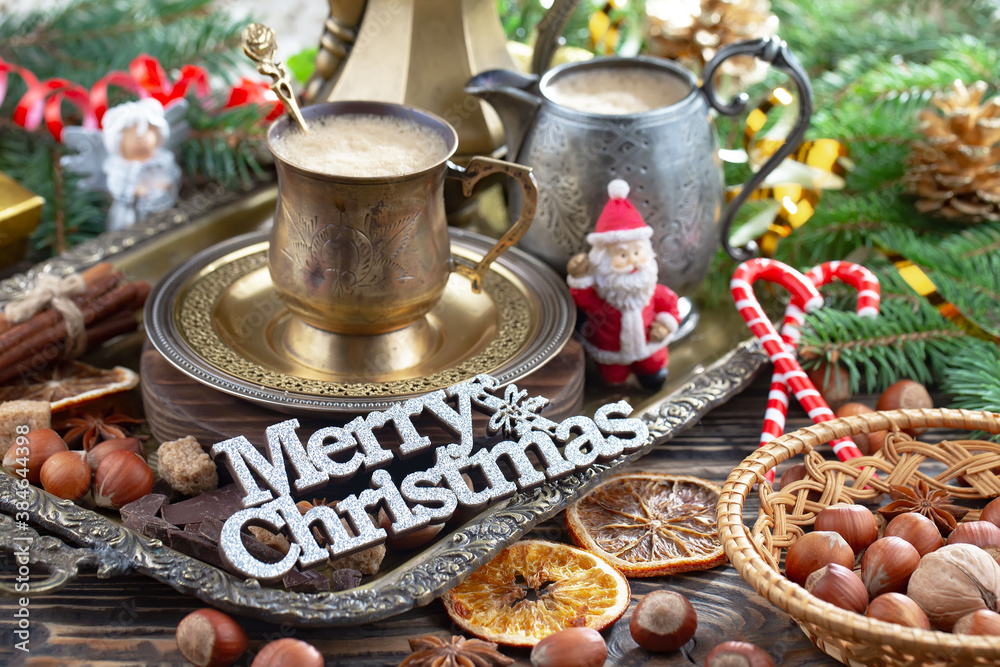 Fototapeta premium Merry Christmas, postcard with gifts and Christmas decorations.