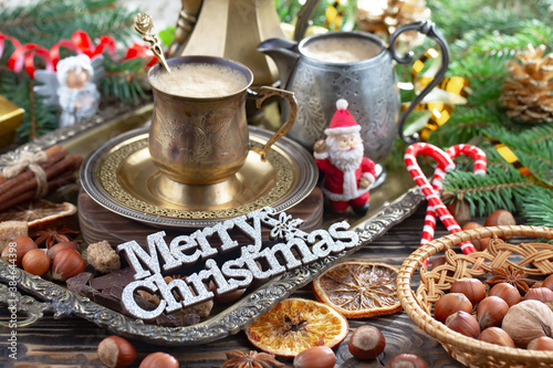 Merry Christmas  postcard with gifts and Christmas decorations.