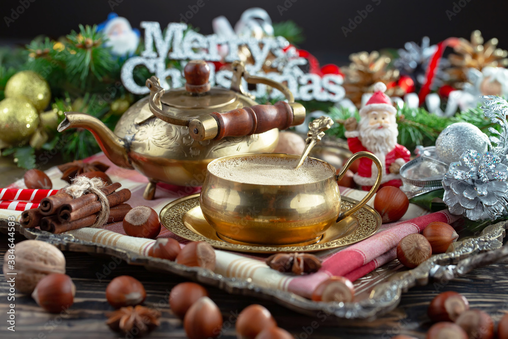 Merry Christmas, postcard with gifts and Christmas decorations.