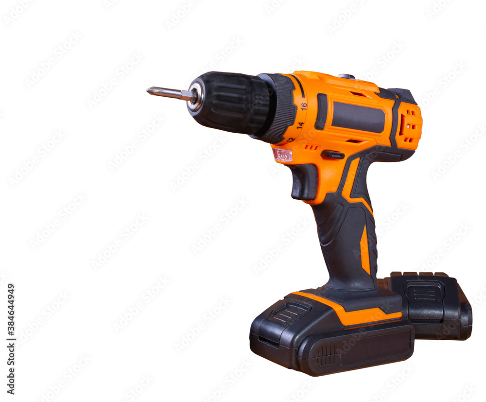 rechargeable electric screwdriver with spare battery isolated on white background. concept of construction and renovation in apartments