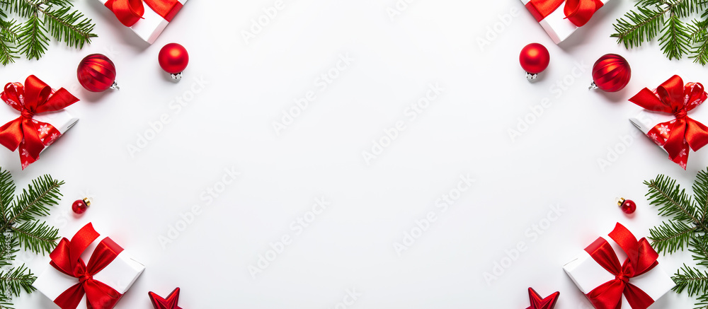 Merry Christmas and Happy Holidays greeting card, frame, banner. New Year. Noel. Red Christmas ornaments and gift on white background top view. Winter xmas holiday theme. Flat lay
Merry Christmas and Happy Holidays greeting card, frame, banner. New Year. Noel. Red Christmas ornaments and gift on white background top view. Winter xmas holiday theme. Flat lay