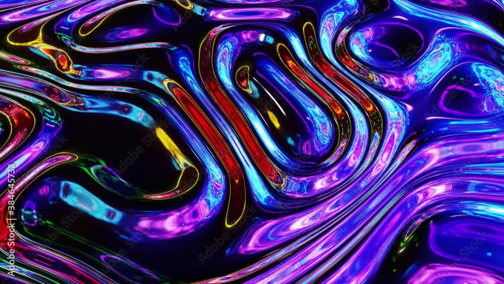 Liquid pattern like waves in looped motion. 3D stylish abstract iridescent bg of wavy surface like brilliant liquid glass with rainbow beautiful gradient colors. 4k trendy colorful fluid animation.