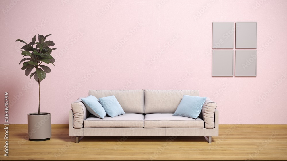 Fototapeta premium Pink minimalist living room interior with sofa, dresser on a wooden floor, decor on a large wall, pink landscape in window. Home interior. 3D illustration
