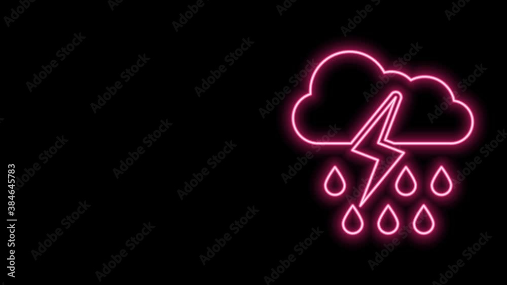 Glowing neon line Cloud with rain and lightning icon isolated on black background. Rain cloud precipitation with rain drops.Weather icon of storm. 4K Video motion graphic animation Glowing neon line Cloud with rain and lightning icon isolated on black background. Rain cloud precipitation with rain drops.Weather icon of storm. 4K Video motion graphic animation