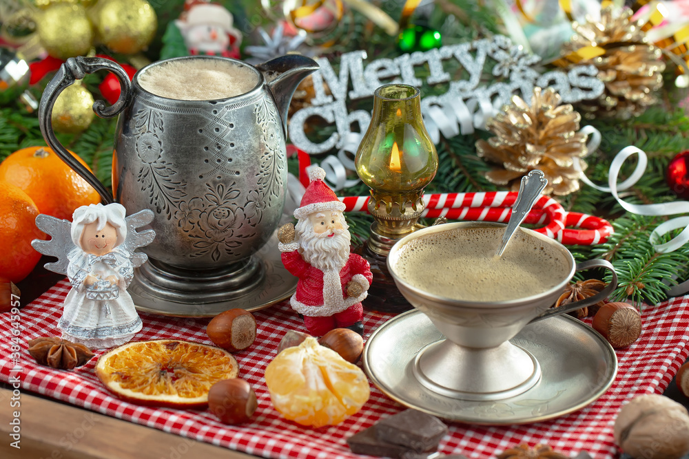 Fototapeta premium Merry Christmas, postcard with gifts and Christmas decorations.