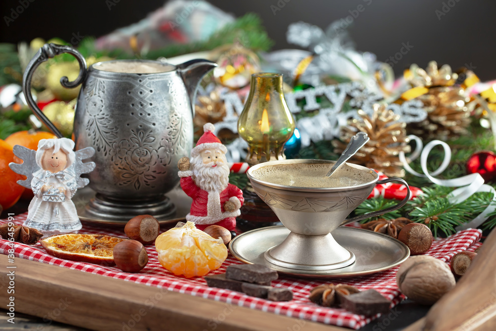 Fototapeta premium Merry Christmas, postcard with gifts and Christmas decorations.