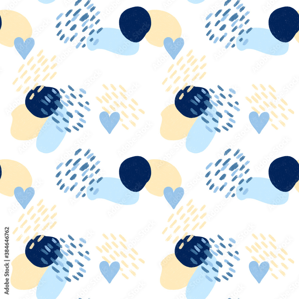 Seamless pattern with hand drawn abstract stains, hearts and elements in blue and creamy colors on a white background; for printing on baby clothes and textiles Seamless pattern with hand drawn abstract stains, hearts and elements in blue and creamy colors on a white background; for printing on baby clothes and textiles