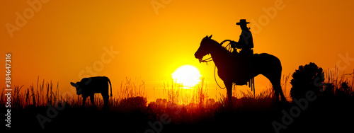 A silhouette of a working cowboy against an evening sunset getting ready to rope a stray calf. © LUGOSTOCK