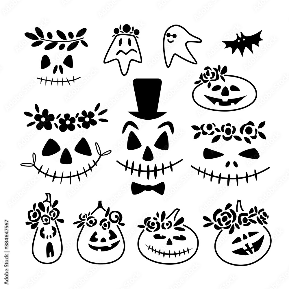 Set of scary and funny faces of Halloween pumpkins, ghosts isolated on white background. Vector doodle outline illustration. Design for website, Halloween festival, greeting card, print