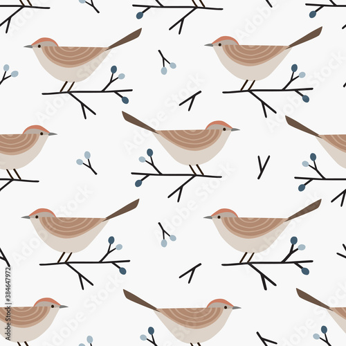 Christmas seamless pattern with cute little birds and blue blackthorn branches and berries. Cute Scandinavian winter design for scrapbooking, gift paper wrapping and textile. White background.