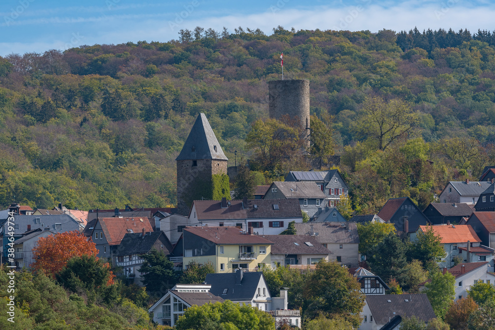 View of Altweilnau and Altweilnau castle ruins, Hesse, Germany