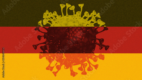 German flag with an image of the Covid-19 virus in the flags colors and a detailed grainy patterny. photo