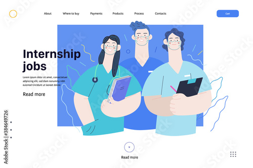 Medical insurance -internship jobs -modern flat vector concept digital illustration - young medical specialists standing together, team of interns concept, medical office or laboratory