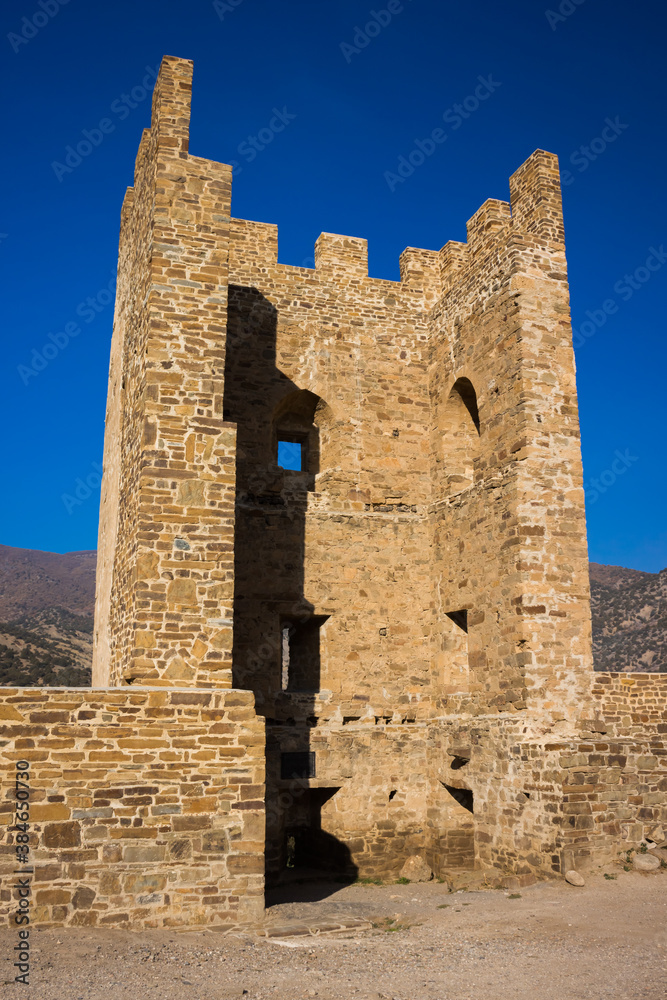 The tower of Rumbaldo Guarco in the Genoese fortress in Sudak, Crimea.