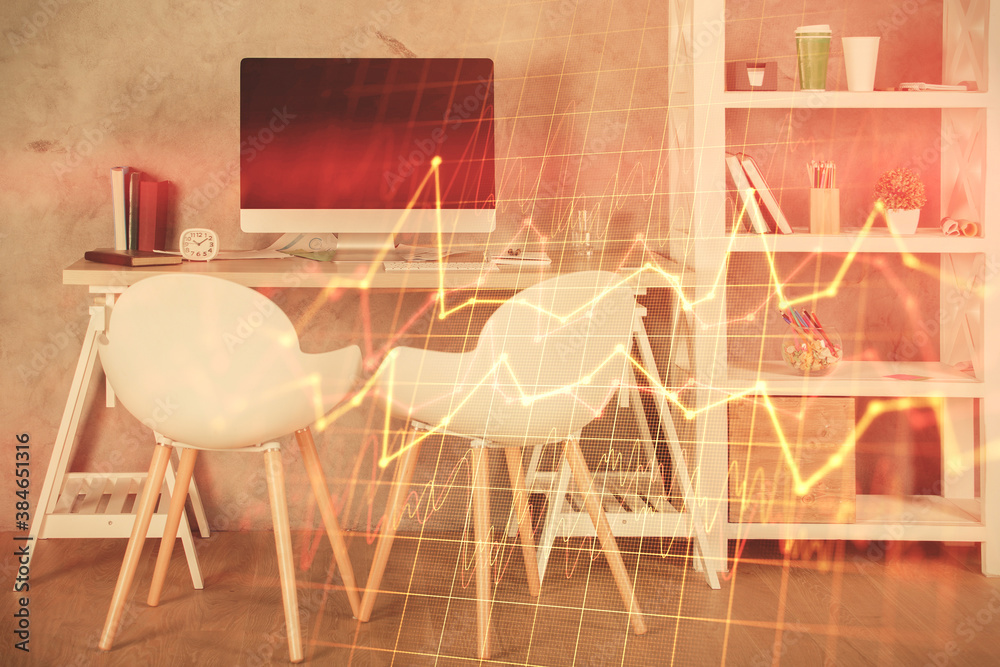 Multi exposure of stock market chart drawing and office interior background. Concept of financial analysis. Multi exposure of stock market chart drawing and office interior background. Concept of financial analysis.