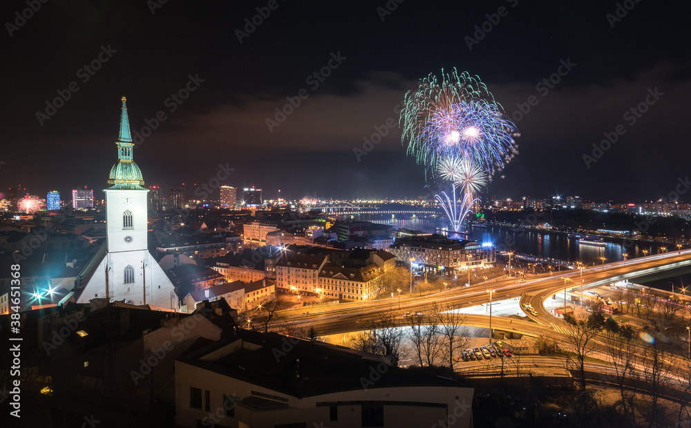 New Year Celebration. Fireworks on Danube River in Bratislava, Slovakia.