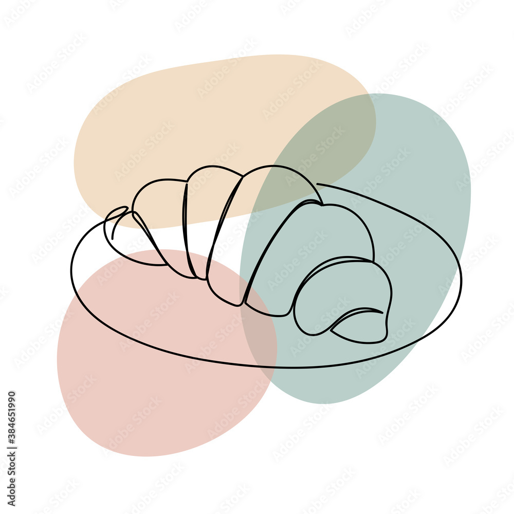 Croissant in a hand drawn linear style with colorful abstract stains. Isolated on white. Croissant in a hand drawn linear style with colorful abstract stains. Isolated on white.