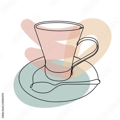 Cup in a hand drawn linear style with colorful abstract stains. Isolated on white.