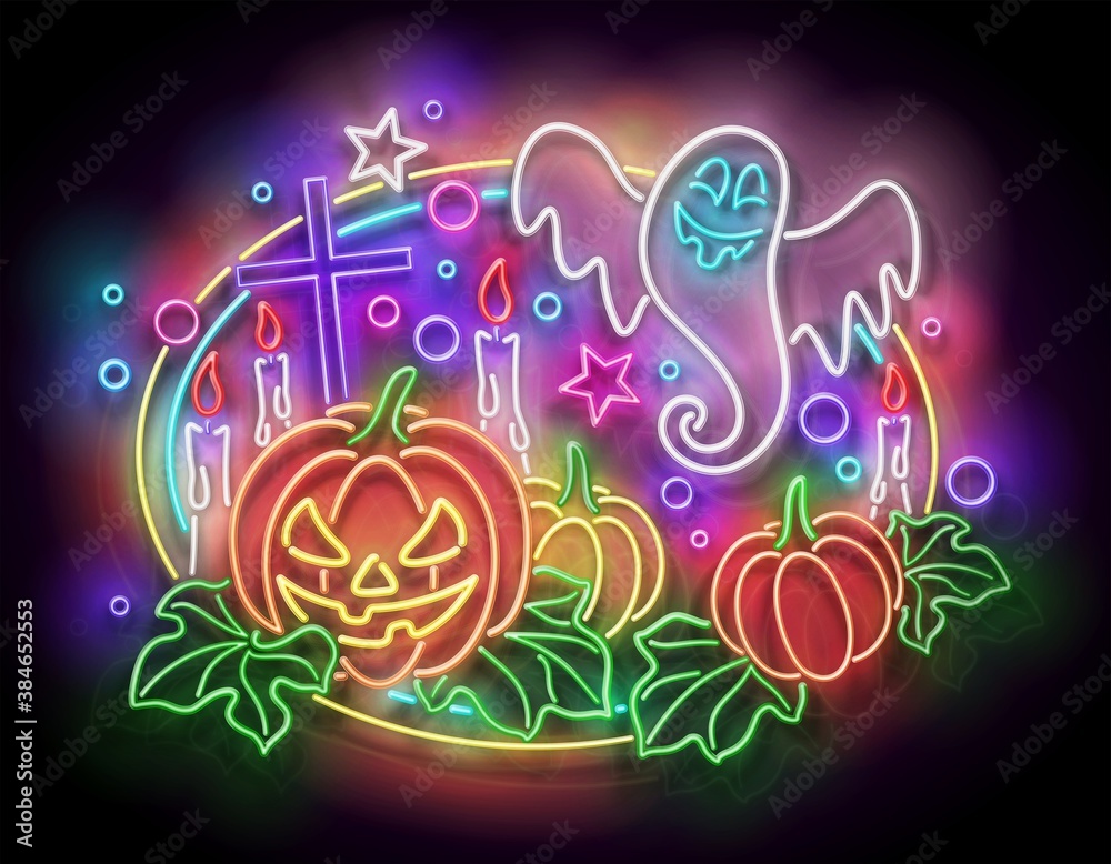 Glow Halloween Greeting Card with Witch Pumpkin, Crosses, Candles and Ghost. Postcard Holiday Template. Shiny Neon Light Poster, Banner, Invitation. Glossy Background. Vector 3d Illustration
