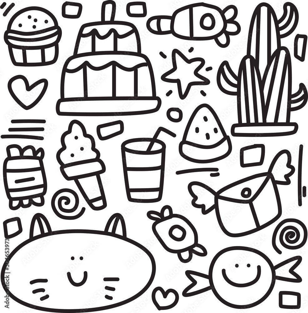 hand drawn kawaii doodle cartoon design for wallpaper, stickers, coloring books, pins, emblems logos and more