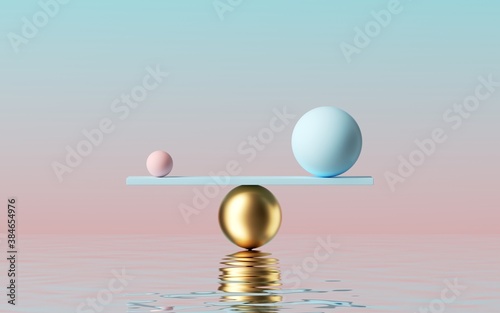 3d render  balls placed on scales with reflection in the water  isolated on pastel pink blue background. Primitive geometric shapes. Balance and comparison metaphor. Modern minimal design