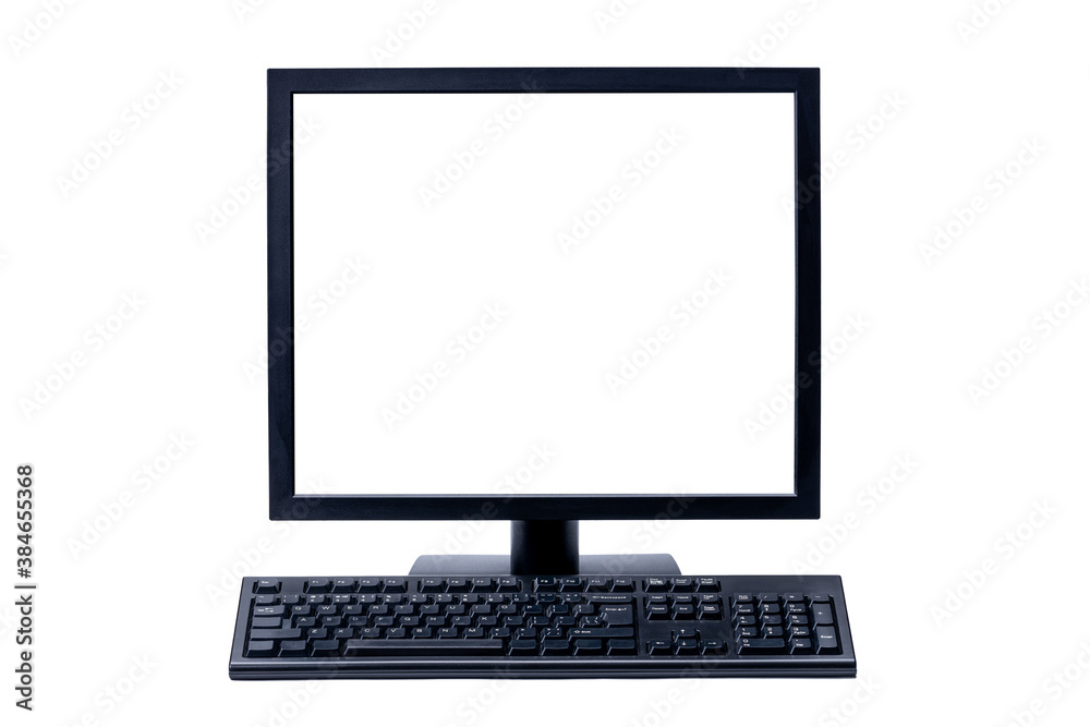 blank computer screen. desktop lcd monitor and keyboard isolated on a white background. computer hardware blank computer screen. desktop lcd monitor and keyboard isolated on a white background. computer hardware
