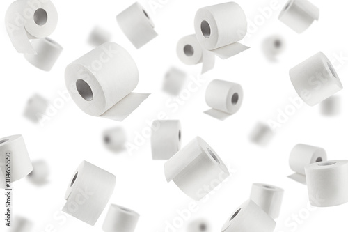 Falling Toilet paper isolated on white background, selective focus