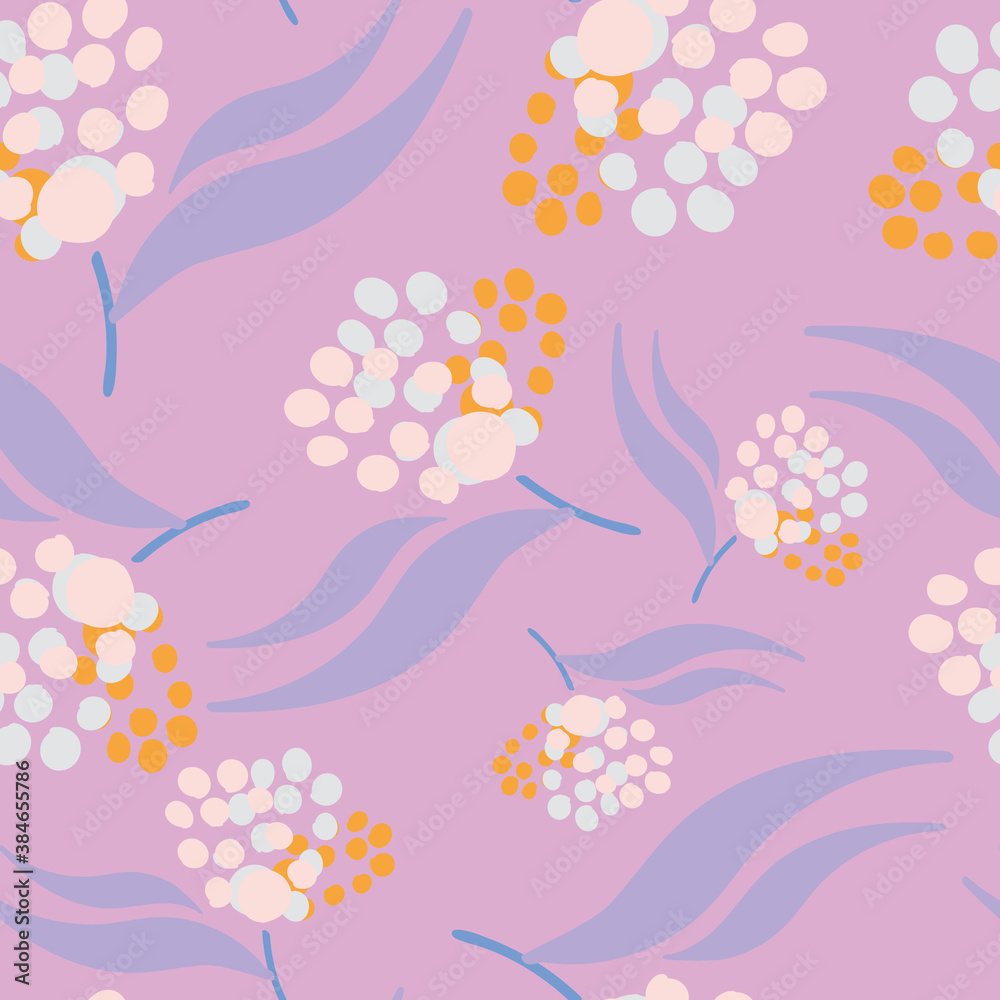 Pink with whimsical white, light blue and orange flower elements seamless pattern background design.