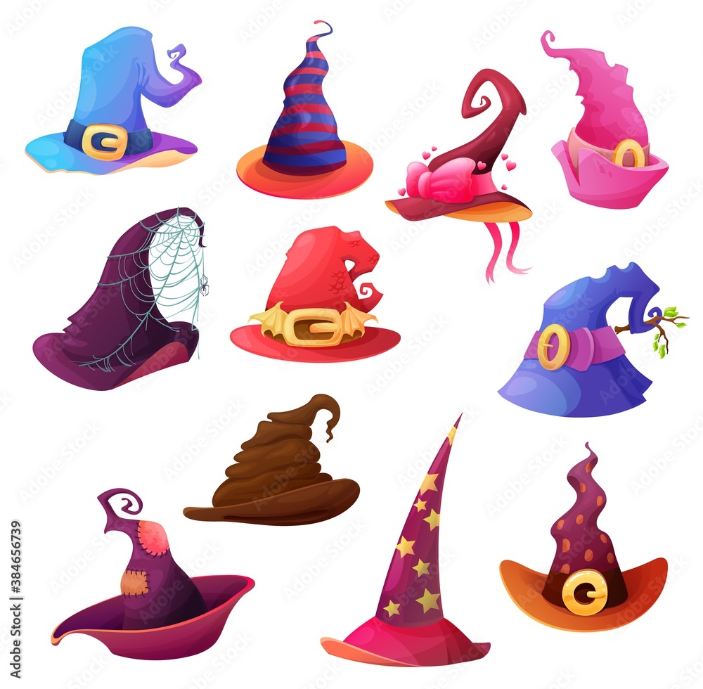 Witch and wizard hat cartoon icons, vector Halloween horror holiday. Magic cone caps with scary spider webs, creepy bat wings and stars, buckles, bows and hearts, trick or treat party decoration