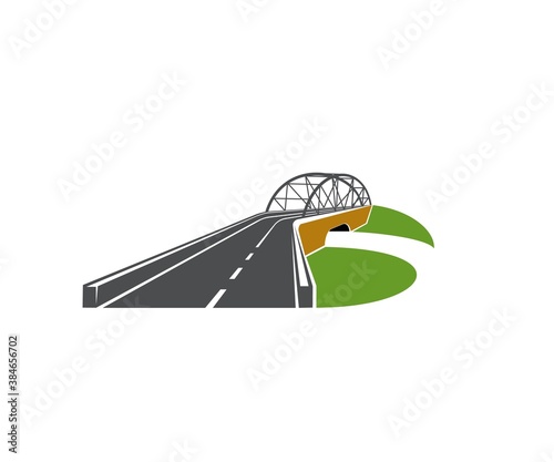 Speedway road with bridge overpass icon. Modern driveway, highway or freeway with level junction and arch bridge vector. Transportation emblem and road touristic trip design element photo