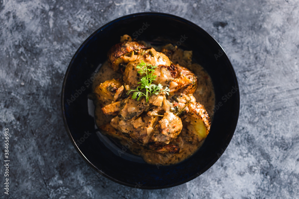 plant-based food, vegan potato bake with plant-based grilled protein plant-based food, vegan potato bake with plant-based grilled protein