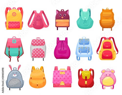 School bag and backpack for girls isolated cartoon icons set. Vector female student rucksacks and knapsacks with zipper pockets, animal faces, ears and paws, stars, flowers and shoulder straps photo