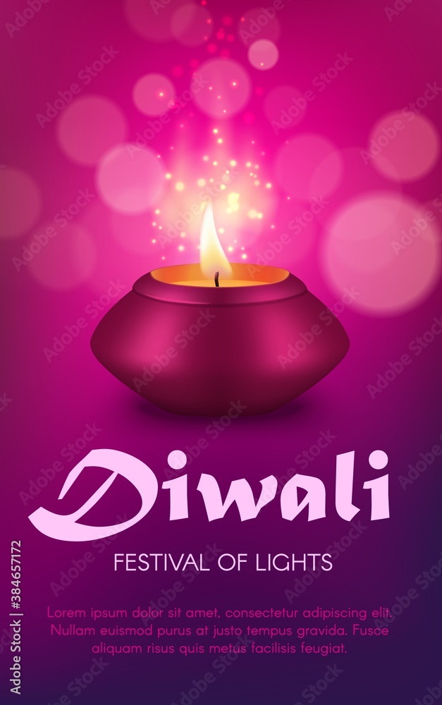 Indian diya lamp vector design of Diwali or Deepavali Hindu religion light  festival. Oil lamp or candle lantern of pink clay with burning fire flame  and gold sparkles, festive greeting card Stock