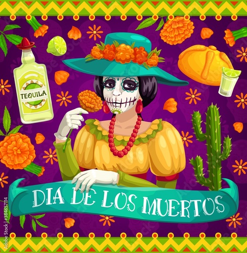 Mexican Day of the Dead Catrina skeleton with flowers, vector Dia de los Muertos. Mexico religion holiday Calavera with marigolds, cactuses, tequila and limes, bread and fiesta party flamenco costume