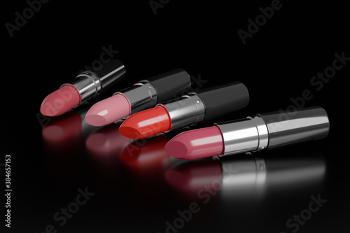 Four lipsticks isolated on black background. 3d illustration.