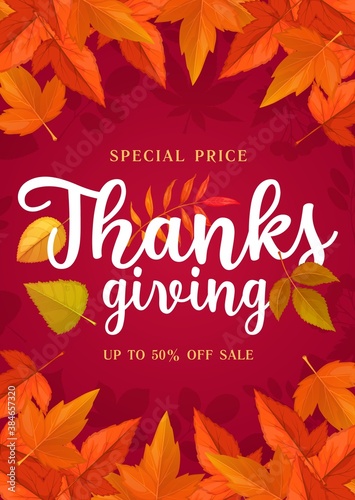 Happy Thanks Giving vector sale poster  special price offer shopping promo with autumn leaves on red background. Store  mall and market promotion with cartoon fallen leaf of maple  rowan and birch