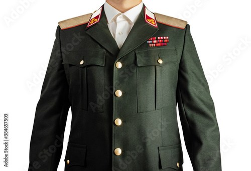 Tablou canvas Isolated photo on white background of a military officer in uniform suit, torso view