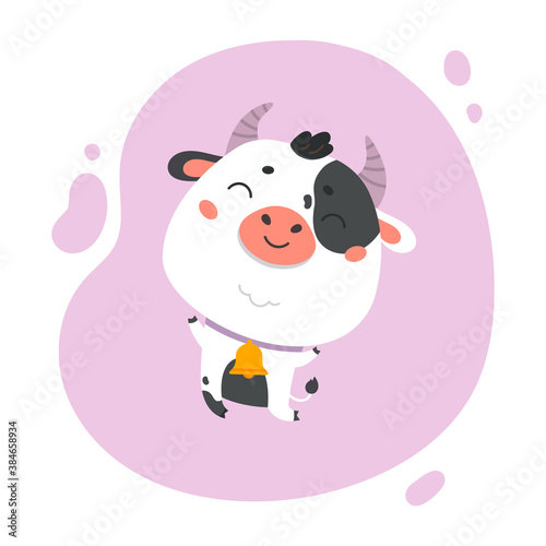 Cow cartoon. Cute farm milk animal character on lavander background. Vector funny mascot. Vector Illustration of farm cow for printing on products and packaging containing milk. 