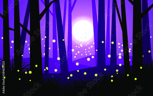 Night in forest with fireflies