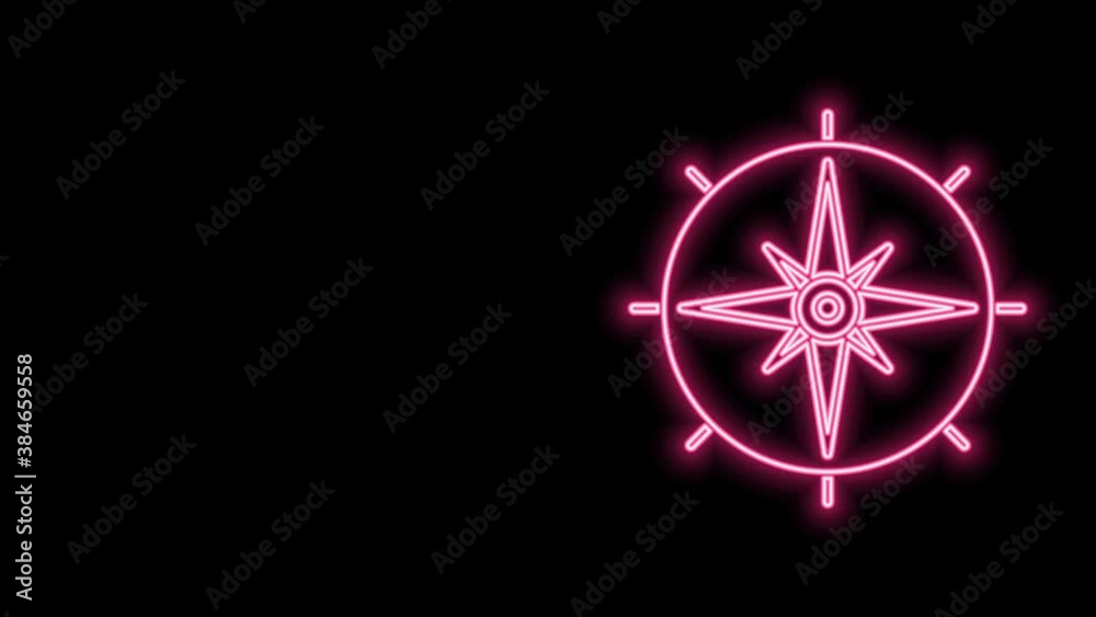 Glowing neon line Wind rose icon isolated on black background. Compass icon for travel. Navigation design. 4K Video motion graphic animation