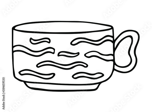 Hand drawn porcelain cup with pattern. Sketch drawing of ceramic mug. Doodle black on white vector illustration.