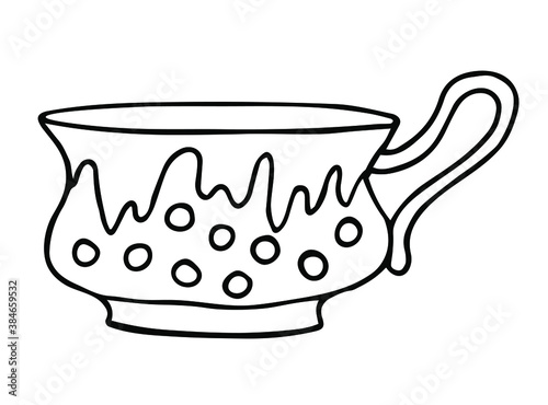Hand drawn porcelain cup with pattern. Sketch drawing of ceramic mug. Doodle black on white vector illustration.