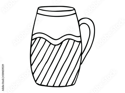 Hand drawn porcelain cup with pattern. Sketch drawing of ceramic mug. Doodle black on white vector illustration.