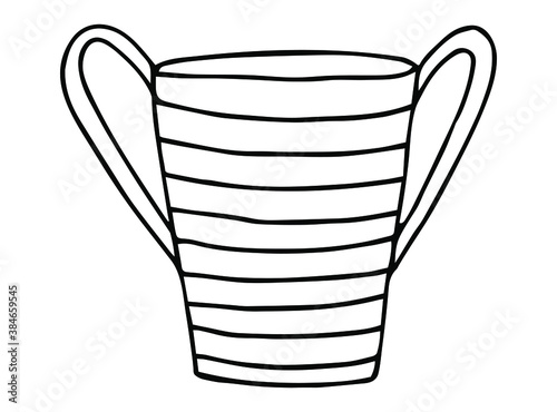 Hand drawn porcelain cup with pattern. Sketch drawing of ceramic mug. Doodle black on white vector illustration.