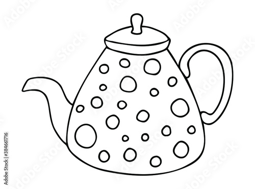 Hand drawn porcelain teapot with polka dot pattern. Sketch drawing of ceramic kettle. Doodle black on white vector illustration